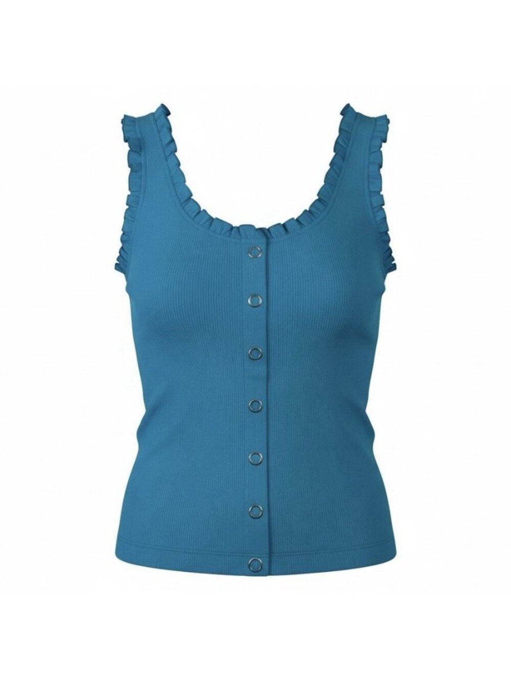 CHASER Rib Knit Tank Top Size Small Bright Blue Ruffle Strap Snap Buttons